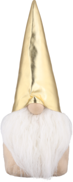 Dekoracyjny gnom świąteczny z puszystą, białą brodą i błyszczącym, stożkowym złotym kapeluszem, widok z przodu.