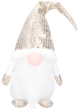 Stojący biały krasnal z puszystą brodą, różowym nosem i błyszczącą, złotą czapką w fakturze krokodyla.