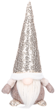 Dekoracyjny gnom świąteczny z długą, białą brodą, w szpiczastej, brokatowej czapce w kolorze srebrnym, widok z przodu.