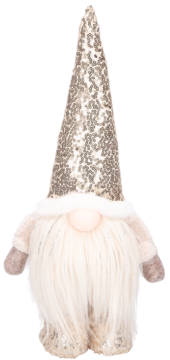 Uroczy świąteczny krasnal z brodą, w beżowej szacie i stożkowej czapce z jasnymi, złotymi cekinami, widok z przodu.