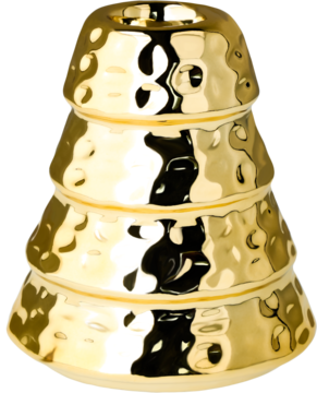 Złoty, błyszczący świecznik stożkowy z efektem młotkowania, ułożony piętrowo, widok z przodu.