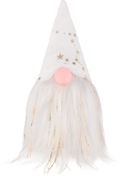 Biały krasnal świąteczny ze złotymi gwiazdkami na spiczastej czapce, długą brodą i różowym noskiem.