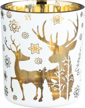 Elegancki szklany świecznik tealight, biały z błyszczącymi złotymi jeleniami i zimowymi wzorami gwiazd i śnieżynek.