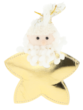 Błyszcząca złota świąteczna ozdoba, gwiazda z puszystym Mikołajem, białą brodą i czapką.