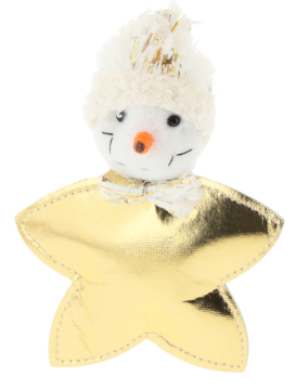 Świąteczna zawieszka: bałwanek w białej czapce na błyszczącej złotej gwieździe z kokardką, widok z przodu.