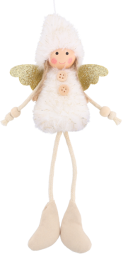 Kremowy pluszowy aniołek z puszystą czapką, drewnianą główką, złotymi skrzydłami i długimi nogami, widok z przodu.