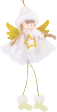 Uroczy biało-złoty aniołek świąteczny z długimi nogami, w puszystej czapce, trzymający brokatową gwiazdkę.