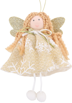 Zawieszka aniołek świąteczny: blond warkocze, złote brokatowe skrzydła i sukienka w płatki śniegu.