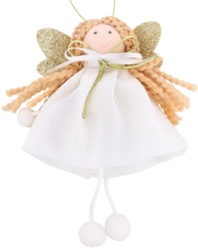 Urocza zawieszka aniołek w białej, teksturowanej sukience, ze złotymi warkoczami i brokatowymi skrzydłami.