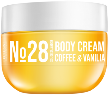 Krem do ciała Exclusive Cosmetics Sol De Salvador No. 28 w bursztynowym słoiku z białą zakrętką, o zapachu kawy i wanilii, widok z przodu.