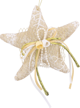 Kremowa filcowa ozdobna rozgwiazda ze złotymi i białymi wstążkami, perłowymi koralikami i kwiatem, widok z przodu.