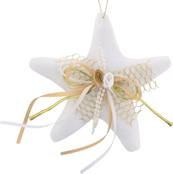 Biała gwiazdka dekoracyjna z perłowymi koralikami i złotymi wstążkami, ozdobiona różą, widok z przodu.