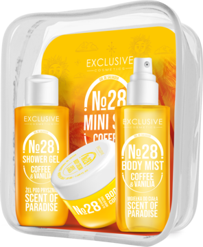EXCLUSIVE COSMETICS Sol De Salvador No28,zestaw kosmetyków dla kobiet, mgiełka do ciała + żel pod prysznic + krem do ciała, Coffee & Vanilia,przód