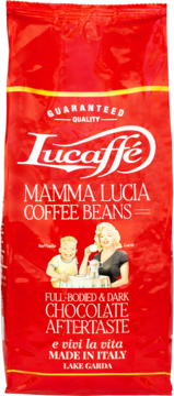 Czerwona torba kawy ziarnistej Lucaffé Mamma Lucia, pełny smak i czekoladowy posmak, widok z przodu.