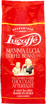 Czerwona torba kawy ziarnistej Lucaffé Mamma Lucia, pełny smak i czekoladowy posmak, widok z przodu.