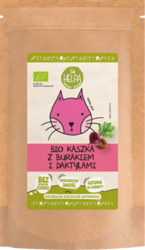 Helpa Bio Kaszka jaglano-owsiana z burakiem i daktylami, brązowa torebka z różowo-białą etykietą i kotem, widok z przodu.