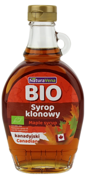 Kanadyjski syrop klonowy NaturaVena BIO w szklanej butelce z rączką, bursztynowy, pełny widok z przodu.
