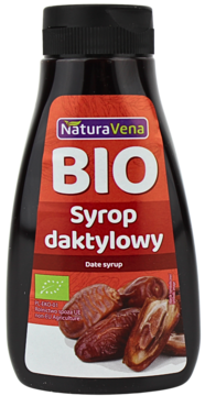 Natura Vena BIO syrop daktylowy w ciemnej butelce z czarną nakrętką, czerwona etykieta z owocami daktyli. Widok z przodu.