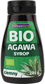 Brązowa butelka NaturaVena BIO Syrop z Agawy ciemny 245g z zieloną etykietą i liśćmi agawy, widok z przodu.