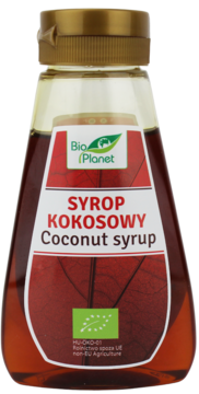 Ekologiczny syrop kokosowy Bio Planet w przezroczystej butelce z czerwoną etykietą. Widok z przodu.