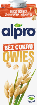 Alpro napój owsiany bez cukru, front, biały karton z pomarańczową górą, kłosy owsa, info o błonniku/wapniu.