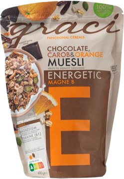Musli Graci Chocolate Carob & Orange Energetic Magne B w brązowej torebce stojącej z pomarańczowym E, widok z przodu.