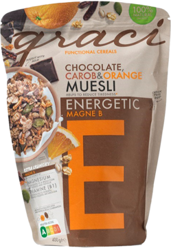 Musli Graci Chocolate Carob & Orange Energetic Magne B w brązowej torebce stojącej z pomarańczowym E, widok z przodu.