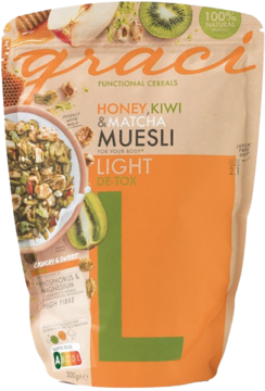 Opakowanie musli Graci Honey, Kiwi & Matcha Muesli Light De-Tox, pomarańczowo-beżowa torebka stojąca, widok z przodu.