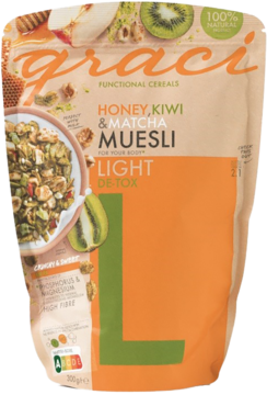 Opakowanie musli Graci Honey, Kiwi & Matcha Muesli Light De-Tox, pomarańczowo-beżowa torebka stojąca, widok z przodu.