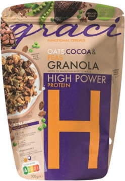 Brązowo-fioletowe opakowanie granoli Graci OATS, COCOA & PEAS HIGH POWER PROTEIN, widok z przodu.