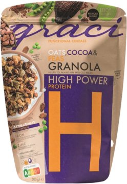 Brązowo-fioletowe opakowanie granoli Graci OATS, COCOA & PEAS HIGH POWER PROTEIN, widok z przodu.