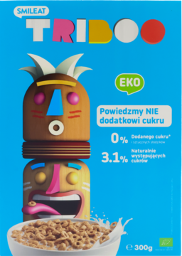 Opakowanie Smileat Triboo EKO kółeczka zbożowe, niebieskie z totemami, 0% dodanego cukru, widok z przodu.