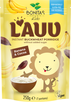 Bonitas Organic Kids L'AUU, żółta torebka kaszki gryczanej banana & kakao bez cukru, z lwem, widok z przodu.
