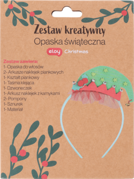Kreatywny zestaw Eloy: opaska świąteczna z zieloną czapką elfa i czerwoną koroną, na brązowym opakowaniu.