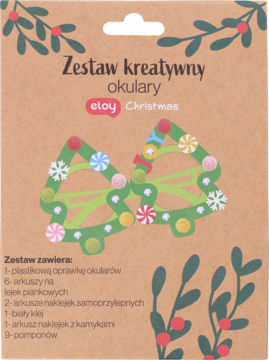 Zestaw kreatywny Eloy Christmas: zielone okulary w kształcie choinki na brązowym opakowaniu.