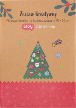 Opakowanie zestawu kreatywnego Eloy Christmas: filcowa choinka 70x55 cm z rzepami, brązowe tło, choinka i ozdoby.