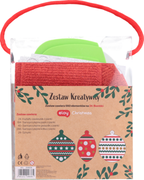 Zestaw kreatywny Etoy Christmas do tworzenia 24 bombek, tył przezroczystego opakowania z czerwonymi i białymi materiałami.