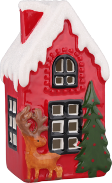 Czerwony ceramiczny domek świąteczny z reniferem i choinką, ośnieżony dach, widok z przodu, ozdoba LED.