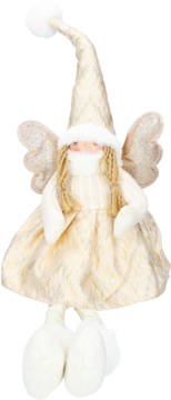 Kremowo-złoty aniołek dekoracyjny w spiczastym kapeluszu i sukni, z błyszczącymi skrzydłami i warkoczami. Widok z przodu.