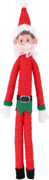 Stojąca figurka elfa-Mikołaja, czerwone teksturowane ubranie, biała broda, zielony pasek, widok z przodu.
