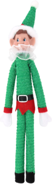 Zielony świąteczny elf z puszystą czapką, białym kołnierzem i czerwonym paskiem, stojący, widok z przodu.