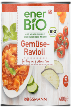 Puszka Ener Bio Gemüse-Ravioli BIO, wegańskie. Biała etykieta z miską ravioli, warzywami. Gotowe w 5 minut.