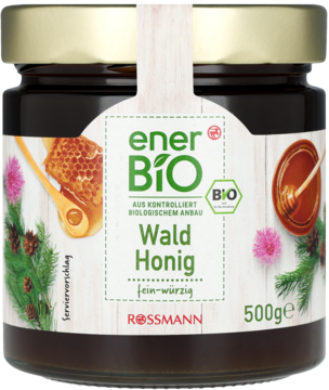 enerBiO Wald Honig bio, ciemny szklany słoik 500g z białą etykietą i grafikami natury, widok frontalny.
