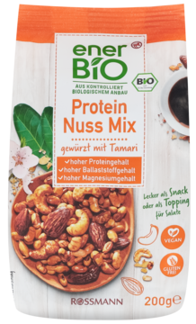 Biało-pomarańczowa torebka ener BIO Protein Nuss Mix 200g, widok z przodu. Orzechy tamari, białko, wegańskie.