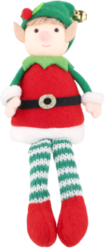 Pluszowa figurka elfa w czerwono-zielonym stroju z paskiem, długa, dziergana w paski nogi i spiczaste uszy, widok z przodu.