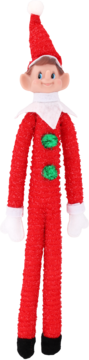 Czerwony elf na półce, lalka w świątecznym stroju z białym kołnierzem i zielonymi guzikami, pełny widok na białym tle.