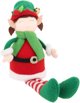 Siedzący pluszowy elf świąteczny w czerwonej tunice, zielonym szaliku, czapce z ostrokrzewem i zielonych butach.