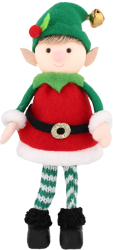 Pluszowy elf świąteczny. Widok z przodu. Zielona czapka z dzwonkiem, czerwony strój, pasek i zielono-białe rajstopy.