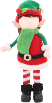 Pluszowa figurka elfki, czerwono-zielony strój z filcu, paski rajstopy, czarne buty. Widok z przodu.