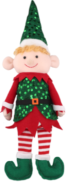 Pluszowa zabawka elfa świątecznego w zielonej cekinowej kamizelce, czerwonym stroju i pasiastych rajstopach, widok z przodu.